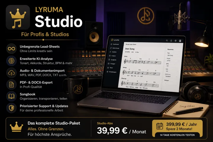 Lyruma Studio Plan für Audioanalyse und Lead Sheets